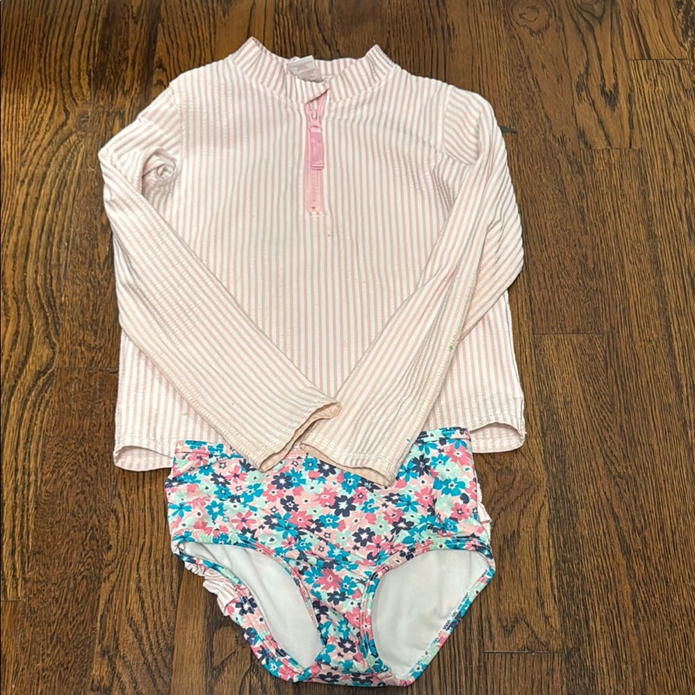 Ruffle Butts Pink Striped Rash Guard with Floral Bottoms
